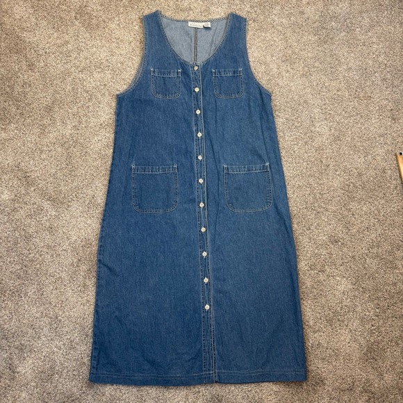 Basic Editions Dresses & Skirts - Basic Editions Denim Jumper Dress Womens Large Blue Button Front Midi Pinafore